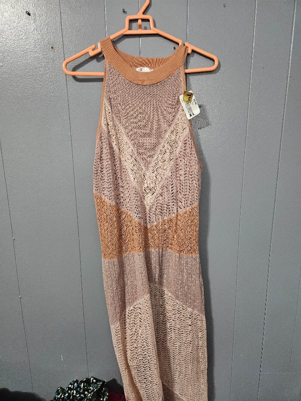 Venus Tan Striped Crochet Knit Maxi Dress Size 1X